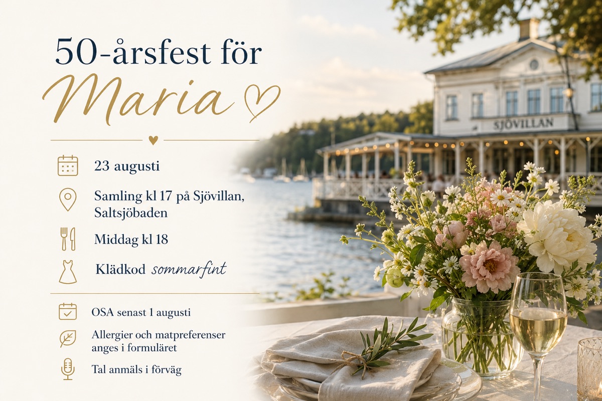 Digital inbjudan till en 50-årsfest visad på en mobilskärm med festdetaljer och OSA-formulär