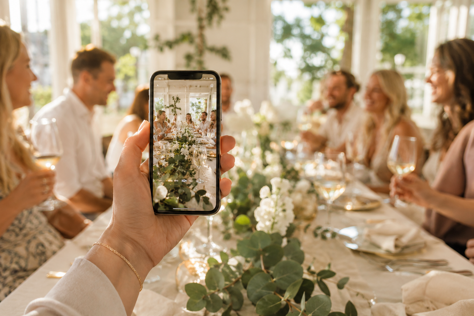Bröllopsgäster som tar bilder med sina mobiler under en fest