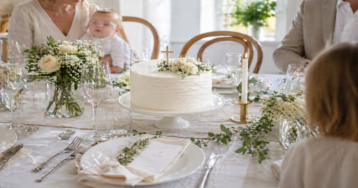Dopkalas med vit tårta och ljusa blommor på ett dukat familjebord