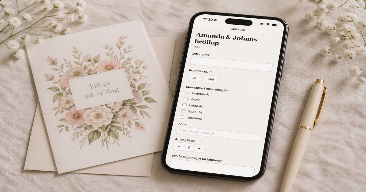 Smartphone med digitalt OSA-formulär på skärmen bredvid ett blomsterkort