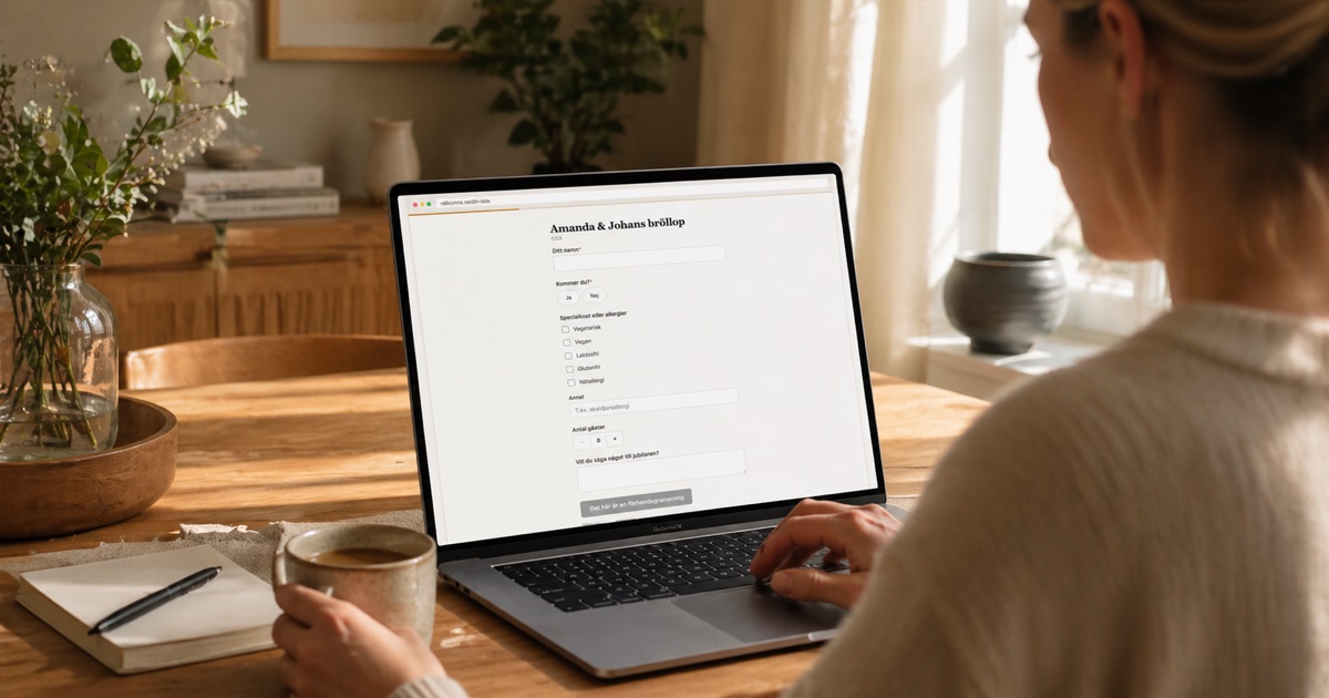 En person förhandsgranskar en eventsida på laptop vid ett hembord