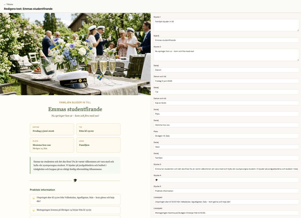 Redigera text-vyn med förhandsgranskning av eventsidan till vänster och redigerbara textfält till höger