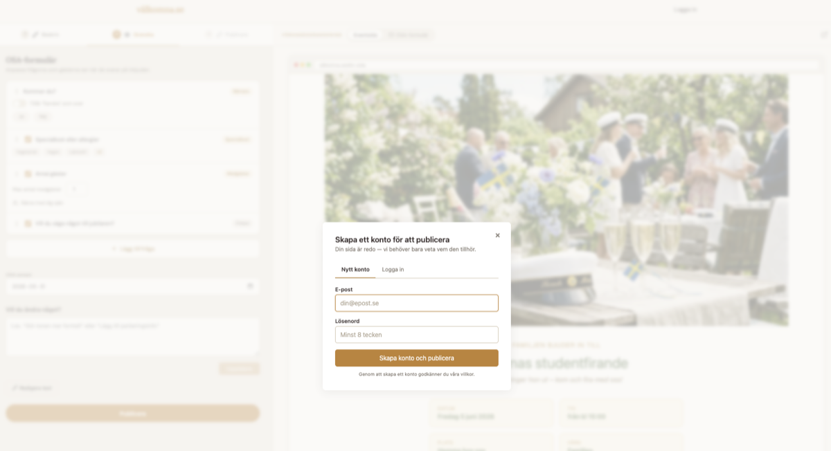 Dialogrutan Skapa ett konto för att publicera med fält för e-post och lösenord, och knappen Skapa konto och publicera