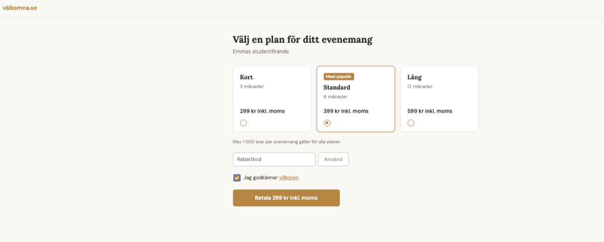 Planvalssidan med tre planer (Kort 299 kr, Standard 399 kr, Lång 599 kr), rabattkodsfält och betalningsknapp